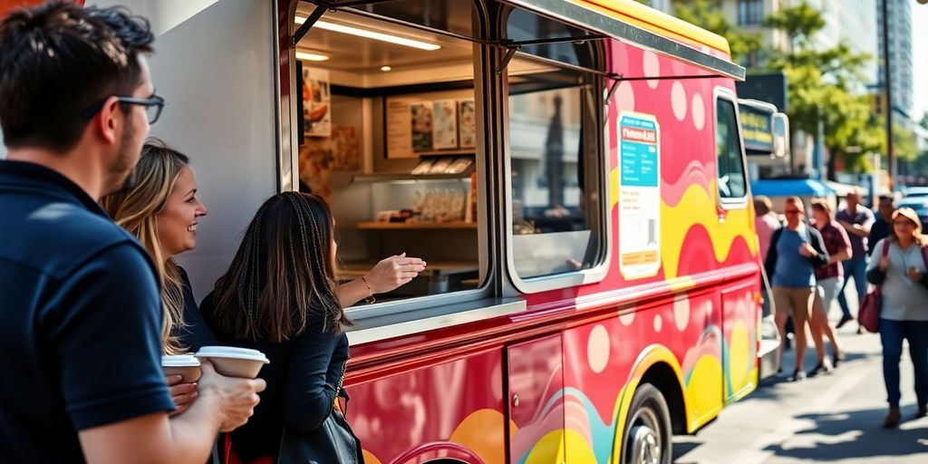 Food truck, money, and happy customers.