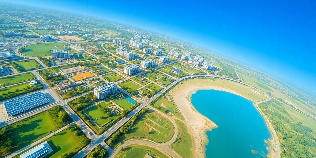 Aerial view of Dholera Smart City with green spaces.