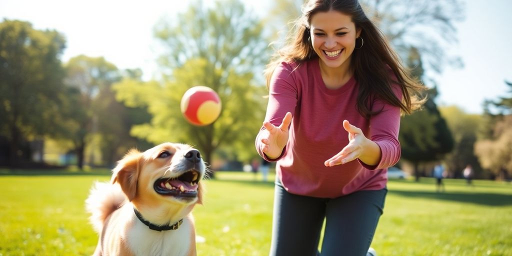 Pet sitter playing with a dog in a sunny park.