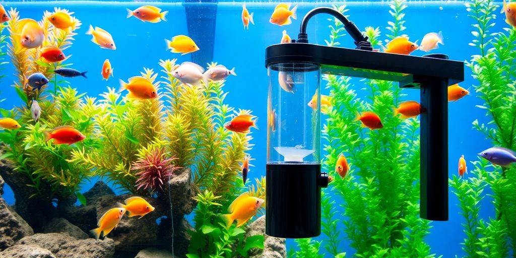 色彩斑斓的水族馆中有鱼和蛋白质分离器。