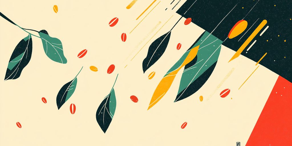 Colorful abstract design with leaves and coffee beans on cream background.
