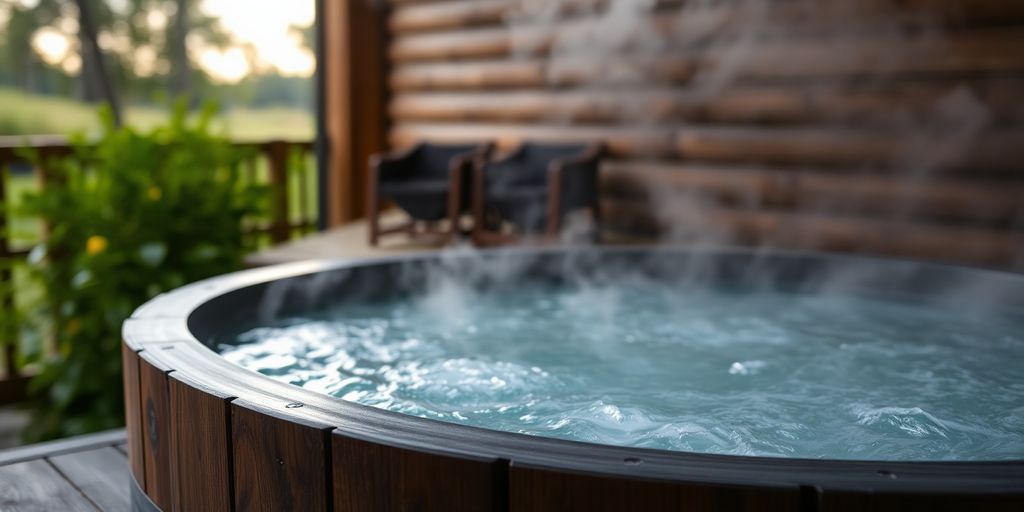 Steaming wood fired hot tub in serene outdoor setting.