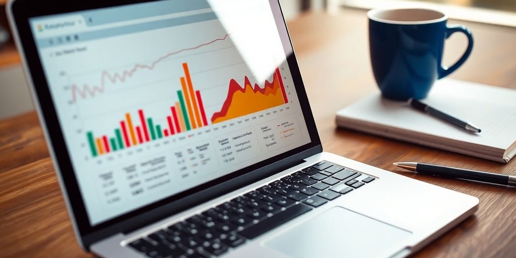 Laptop displaying data analytics in an entrepreneurial workspace.