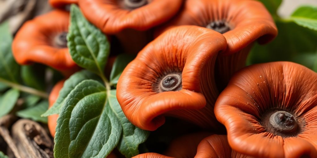 Fresh Reishi mushrooms on a natural background.