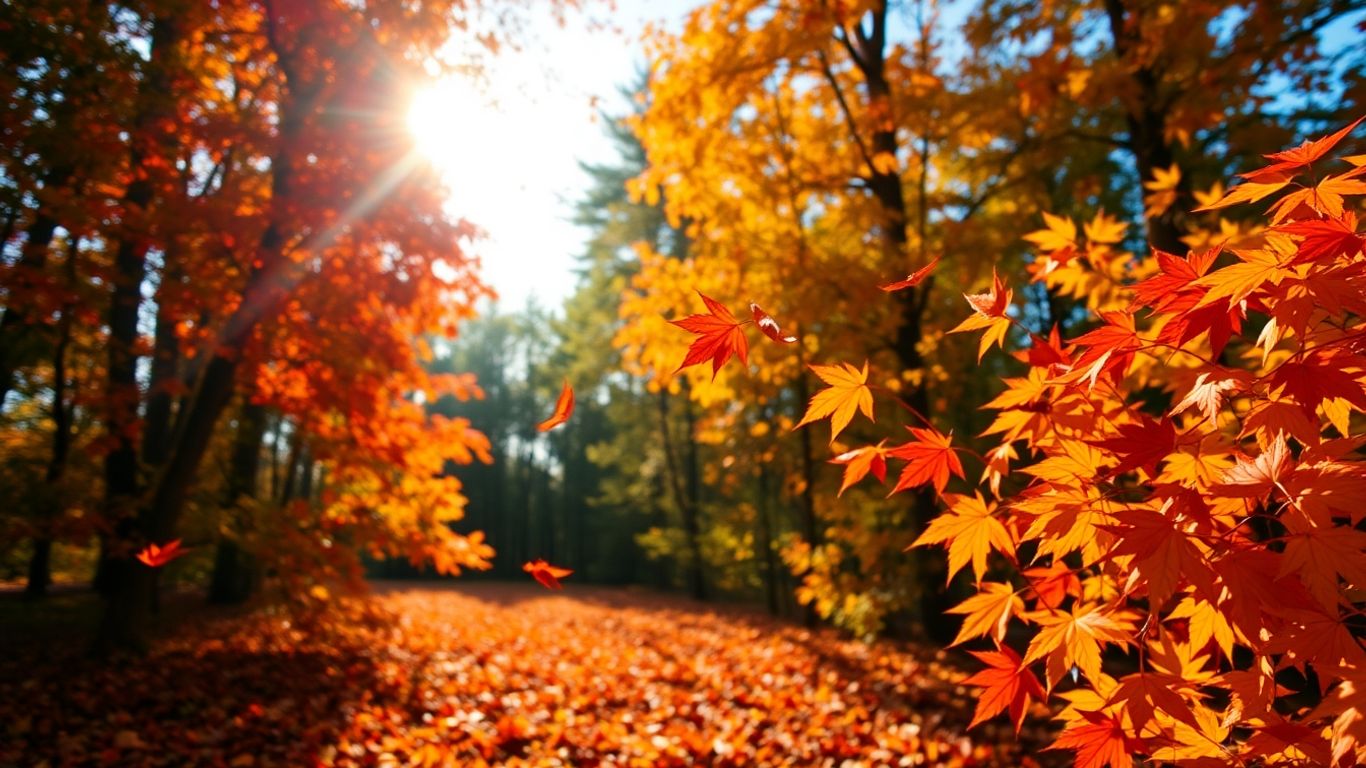 Autumn leaves falling in a sunlit forest.