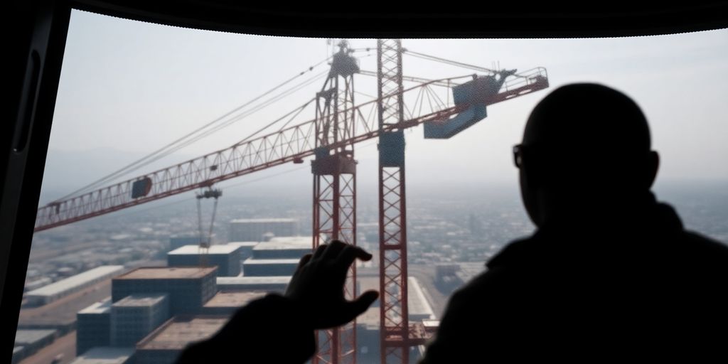 Tower crane operator in cab.
