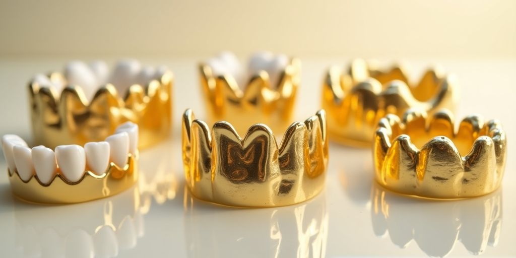 Collection de couronnes et bridges dentaires en or.
