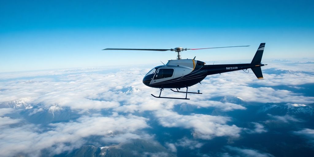 A helicopter soars over a vast, rugged mountain range.