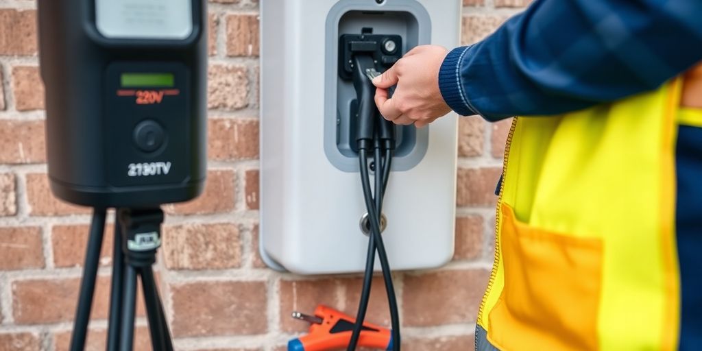 Electrician wiring a 220V EV charging station installation.