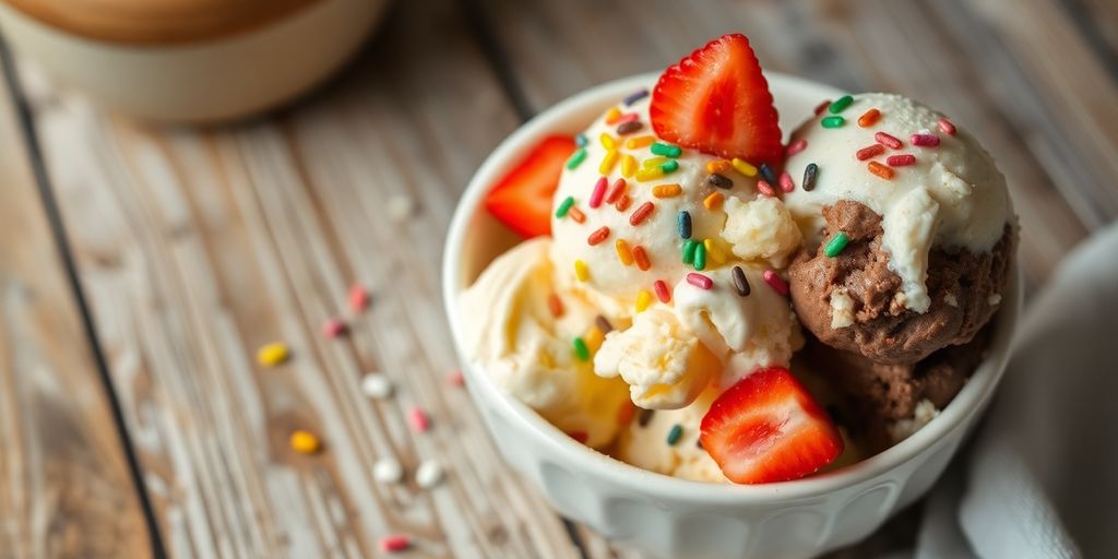 Bowl of colorful homemade ice cream with toppings.