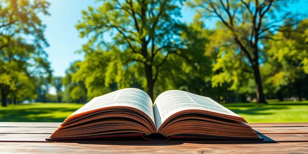 Open book on a table in a sunlit park.