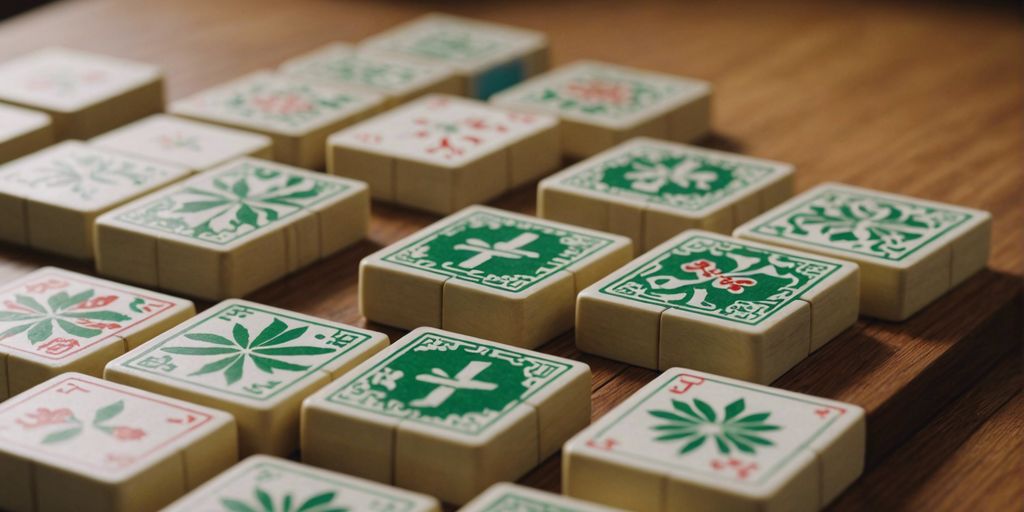 Close-up of Mahjong bamboo tiles on a wooden table, showcasing their intricate designs and patterns.