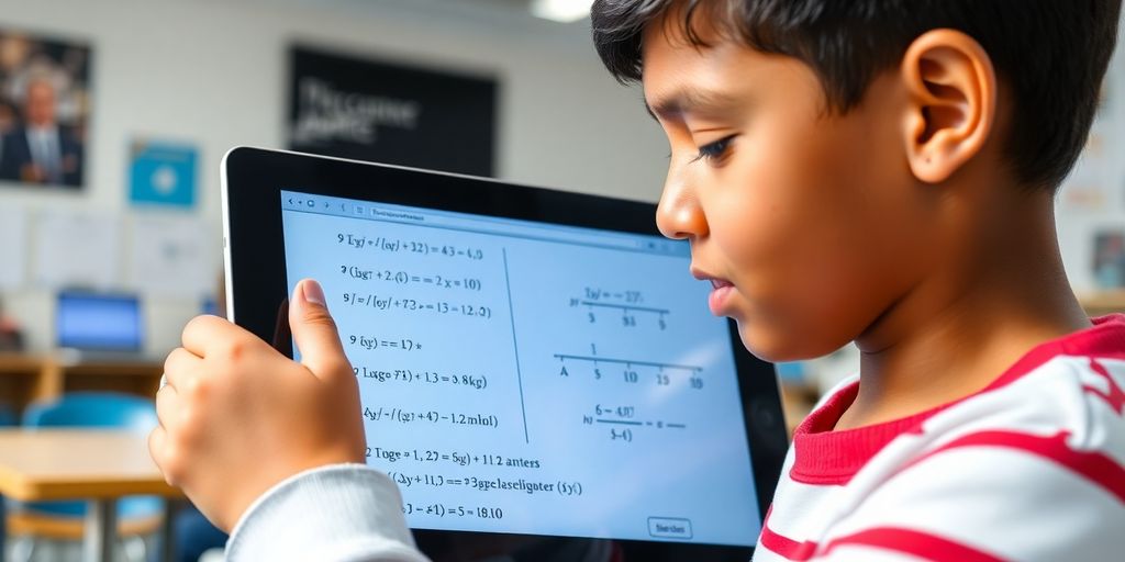 Student engaging with math AI technology in a classroom.