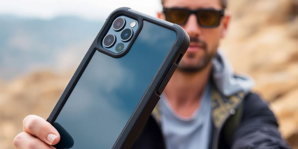 iPhone 16 Pro with vibrant drop-proof case in a dynamic lifestyle setting.