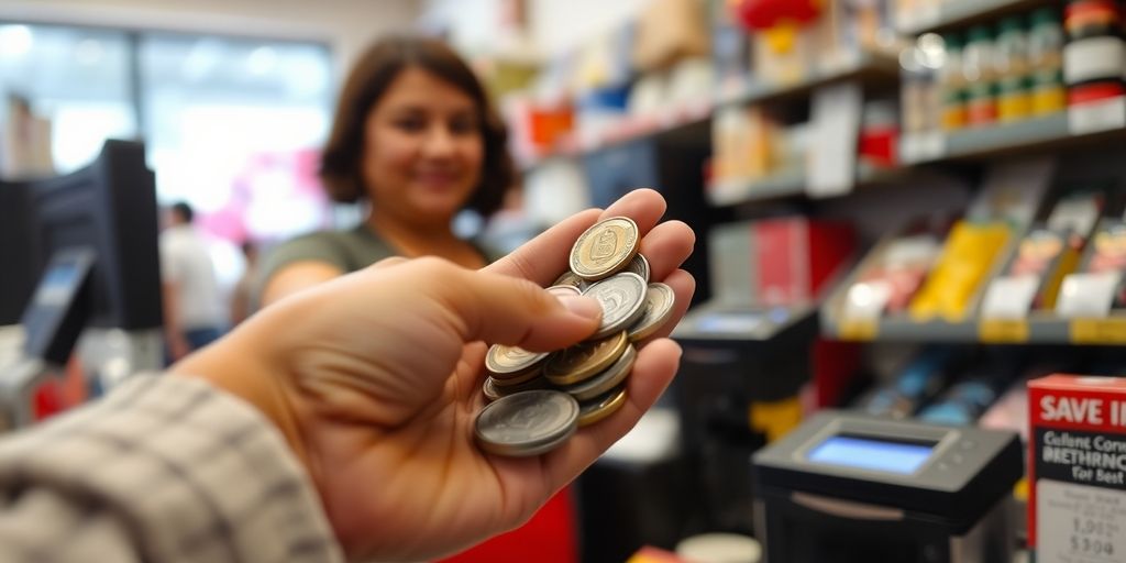 Hand exchanging coins for cash at a store.