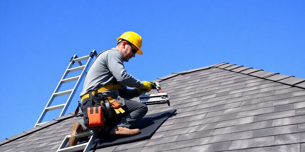 Roofer in safety gear installing shingles on a sloped roof