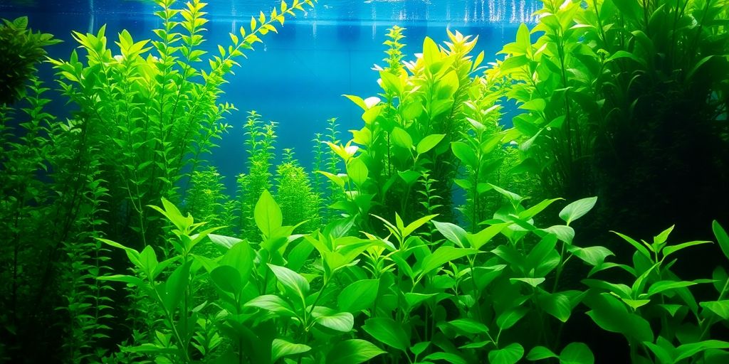Lush green aquarium plants in a large tank.