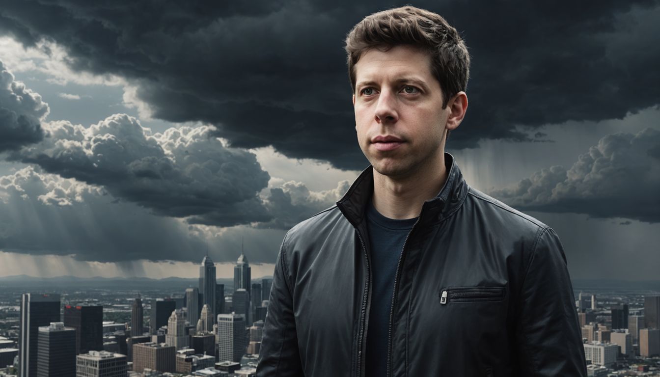 Sam Altman with AI and dark clouds