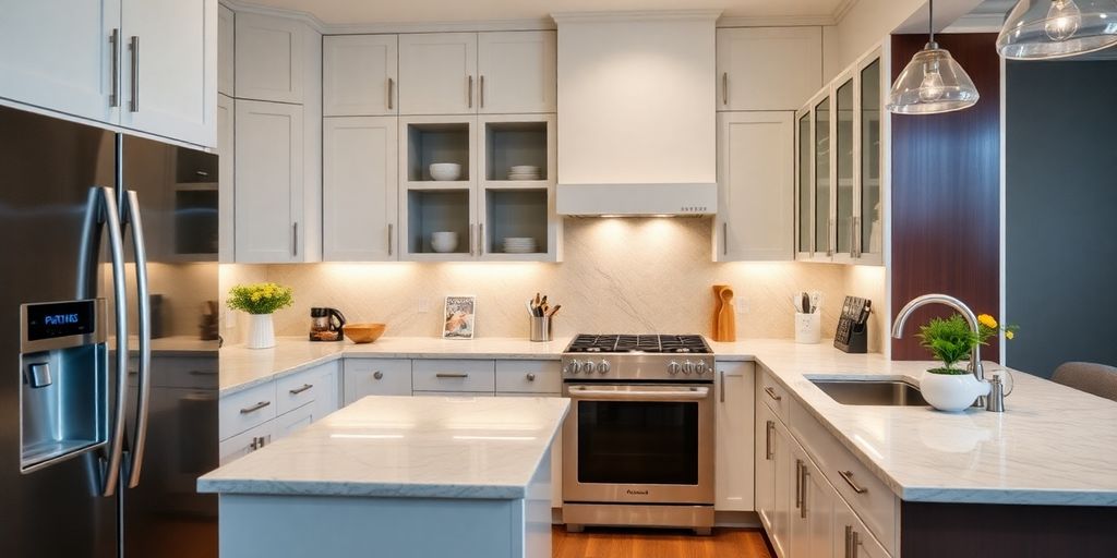 Modern kitchen with sleek appliances and elegant design.