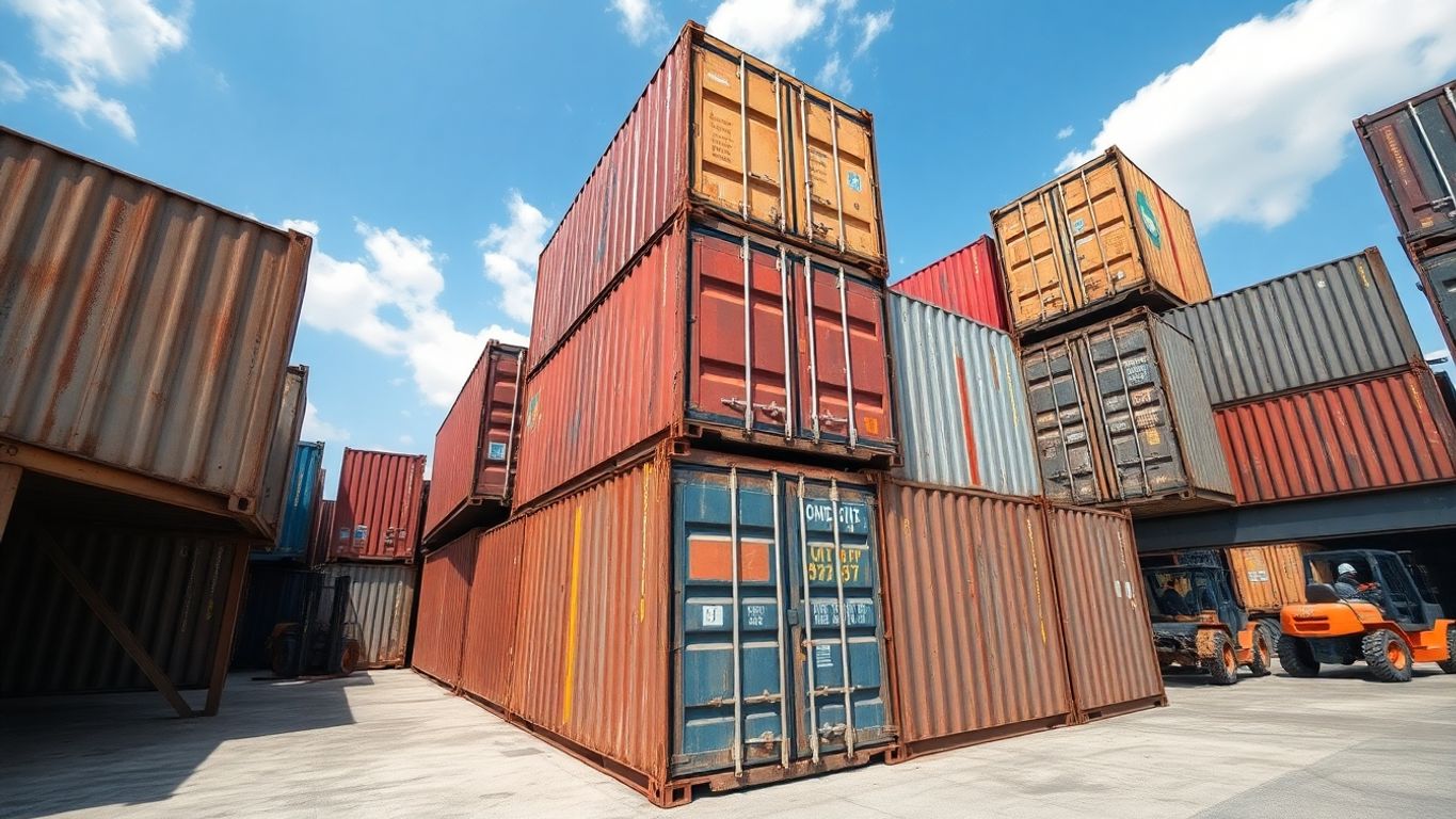 Used steel storage containers stacked in industrial yard.