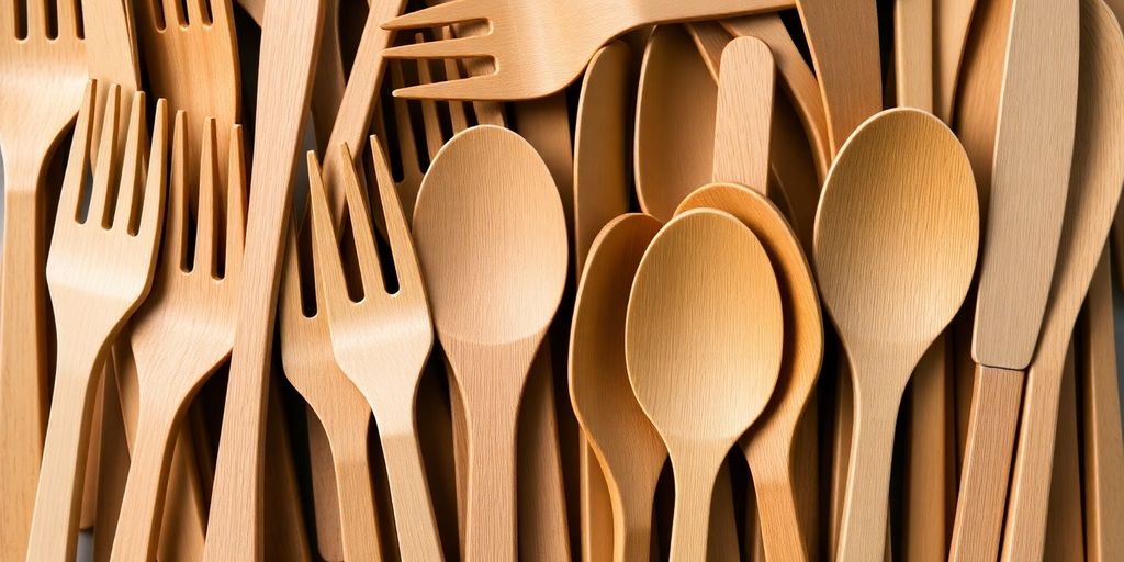 Compostable cutlery piled high.