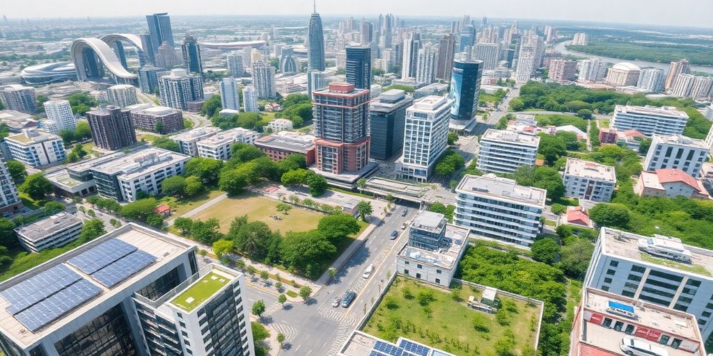 Aerial view of a sustainable smart city landscape.
