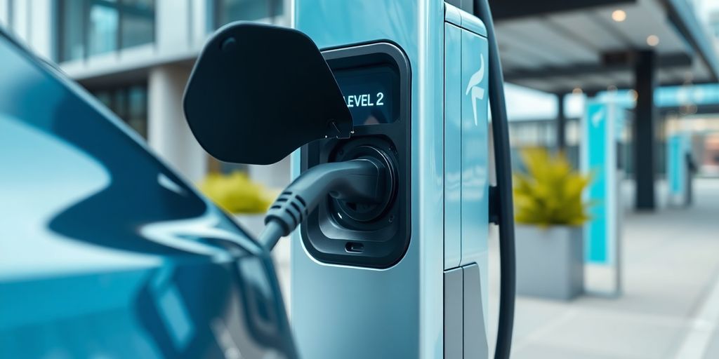 Electric vehicle charging station with a vehicle plugged in.
