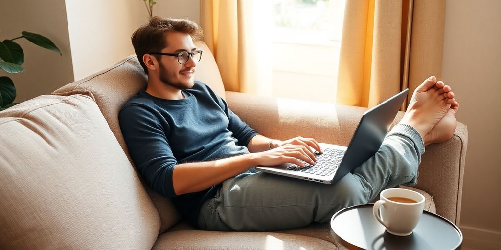 Person relaxing at home, managing tasks online.