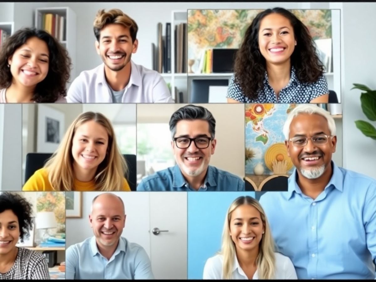 Group of diverse people practicing English speaking online.