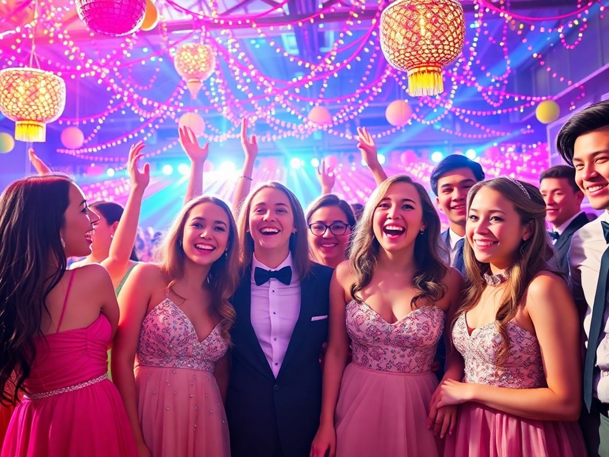 Group of happy teens celebrating at prom dance.