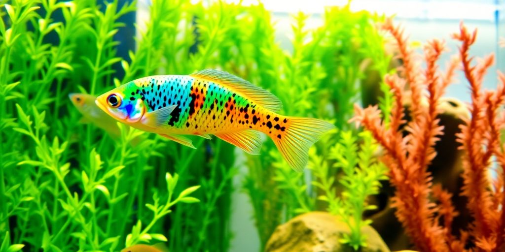 Vibrant molly fish swimming in a well-decorated aquarium.