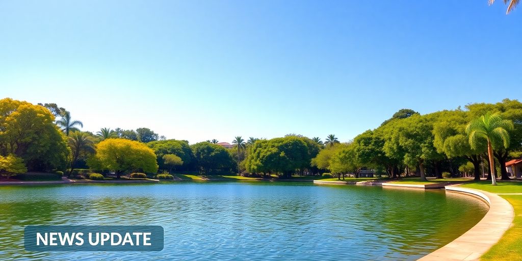 Aventura park with lush trees and clear blue water.