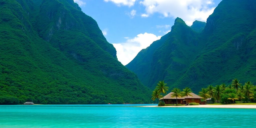 Lush green mountains, clear blue water, small huts