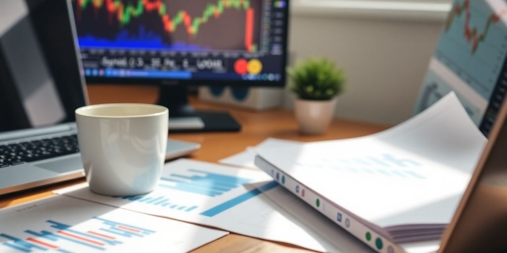 Trading desk with laptop and coffee for options trading.