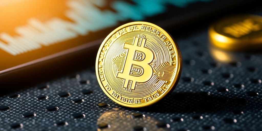 Close-up of a Bitcoin coin on a textured surface.