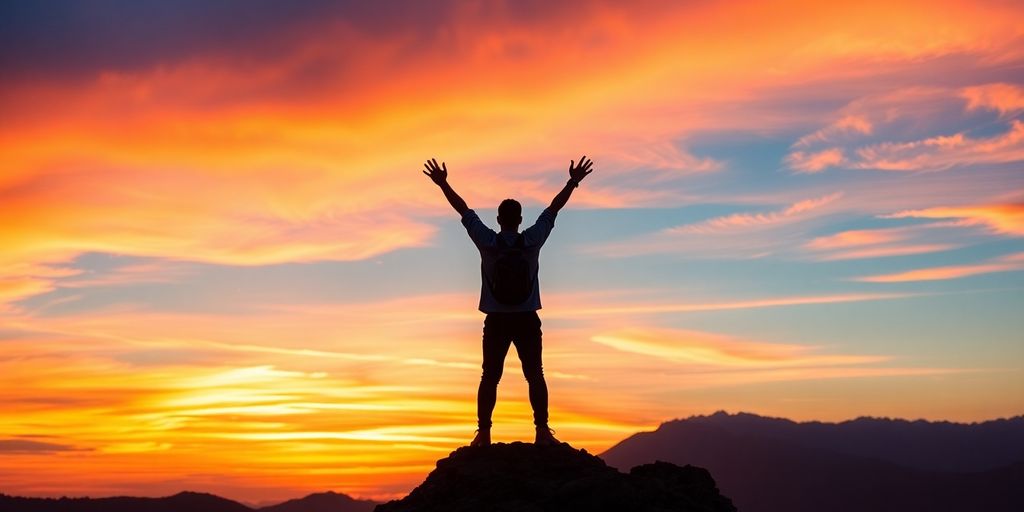Person celebrating on a mountain peak at sunset.