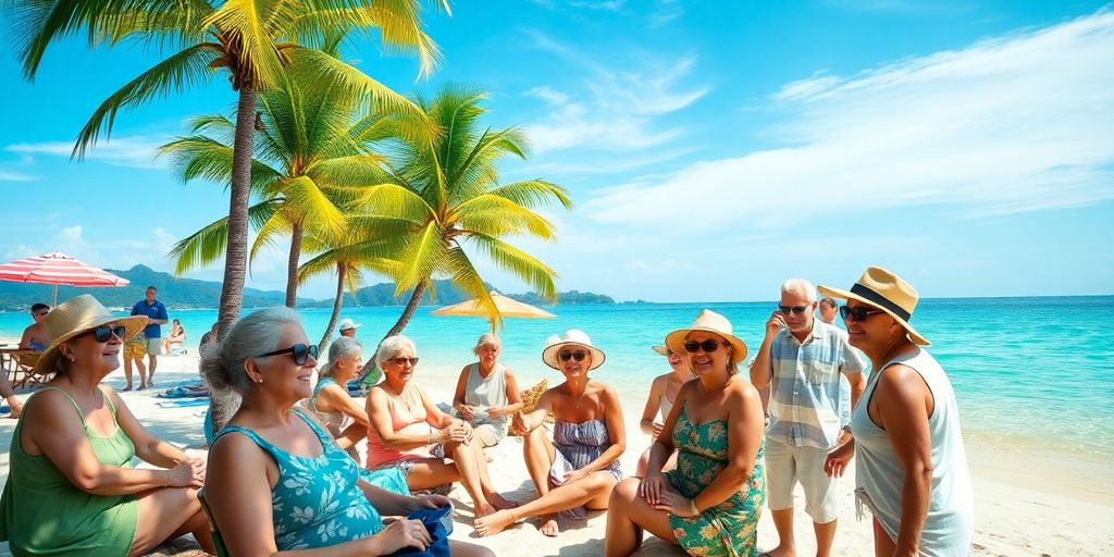 Retirees enjoying community life on Koh Samui beach.