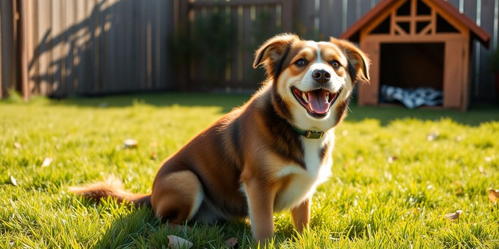 Happy dog in a sunny yard, ready for training.