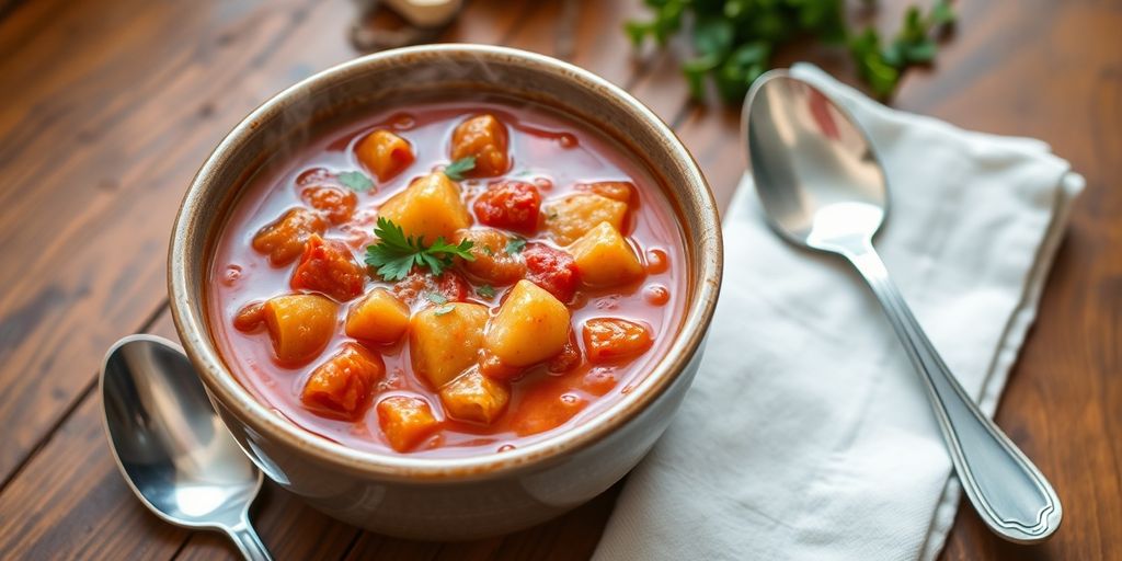 Eine Schüssel Gulasch auf einem Holztablett.