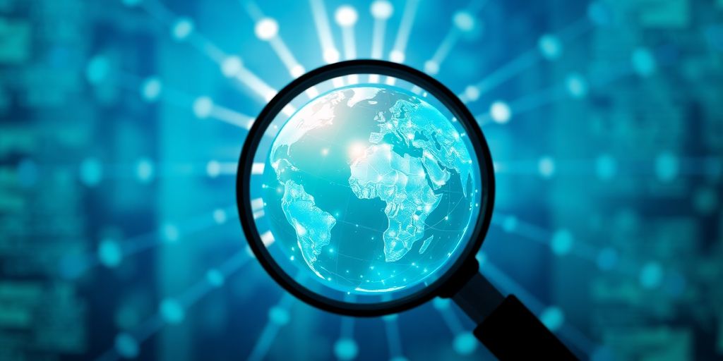 A magnifying glass hovers over a vibrant globe.