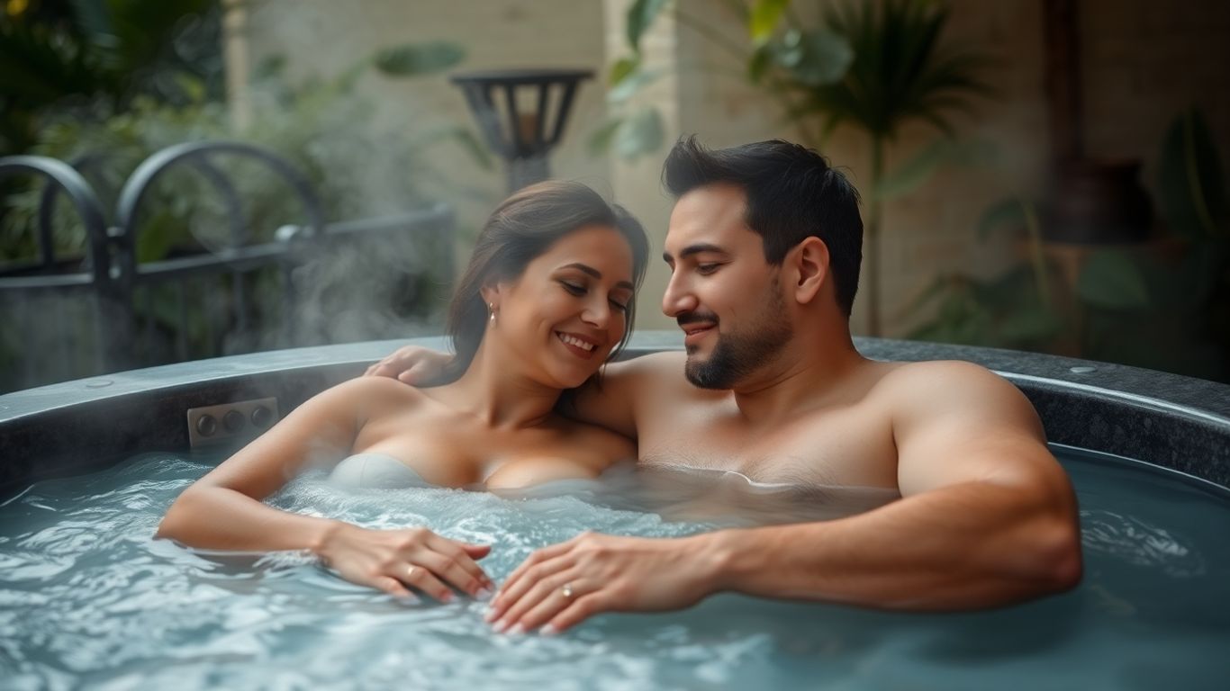 Couple se détendant dans un jacuzzi extérieur, entouré de verdure.