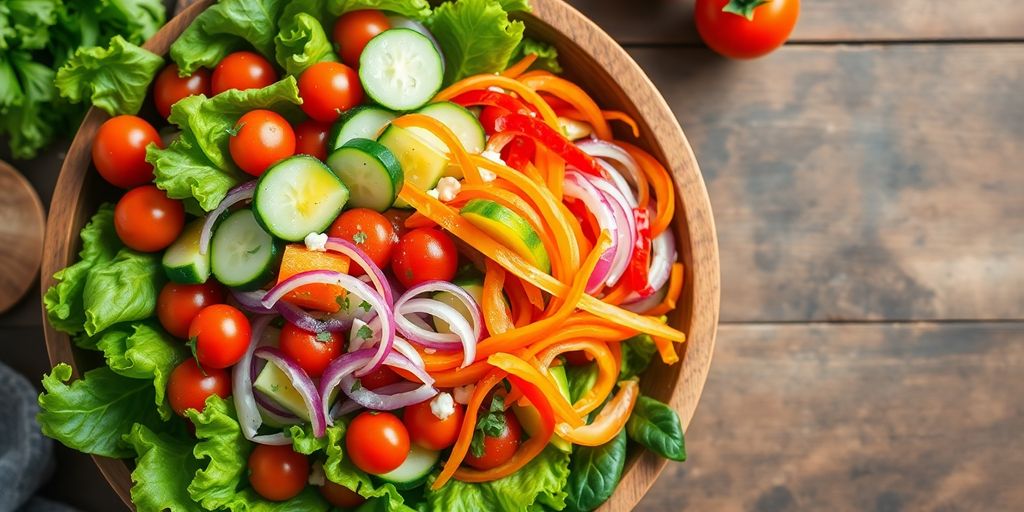 ชาม สลัด ผัก สด หลากสี มี แตงกวา มะเขือเทศ แครอท หอมใหญ่