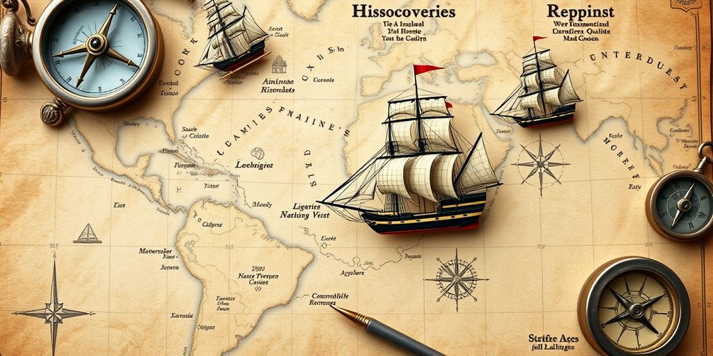 Mapa antigo com navios e ferramentas de navegação.