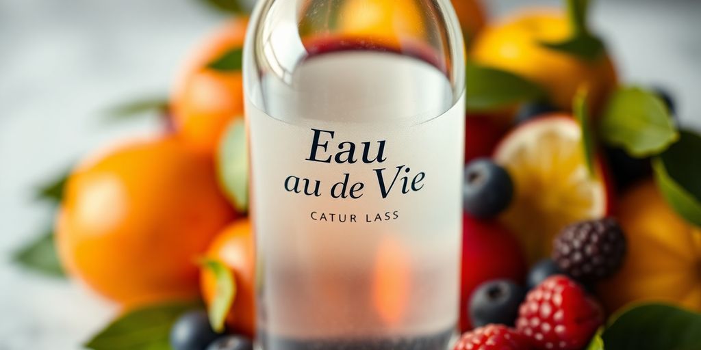 Fles Eau de Vie met verse vruchten eromheen.