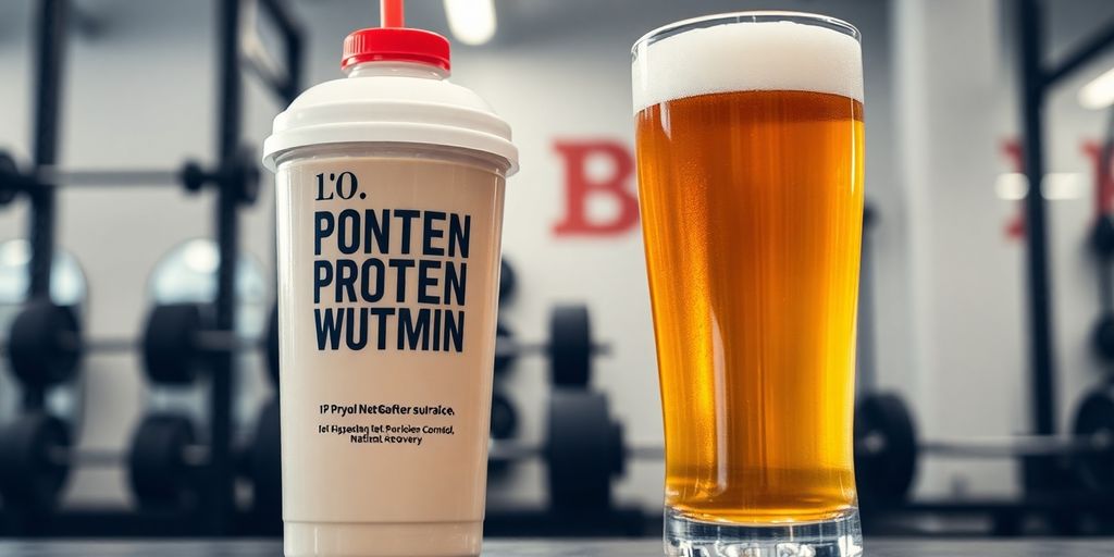 Protein shake and beer on a gym bench.