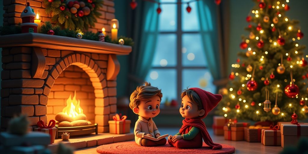 Scène de Noël avec cheminée et arbre décoré.