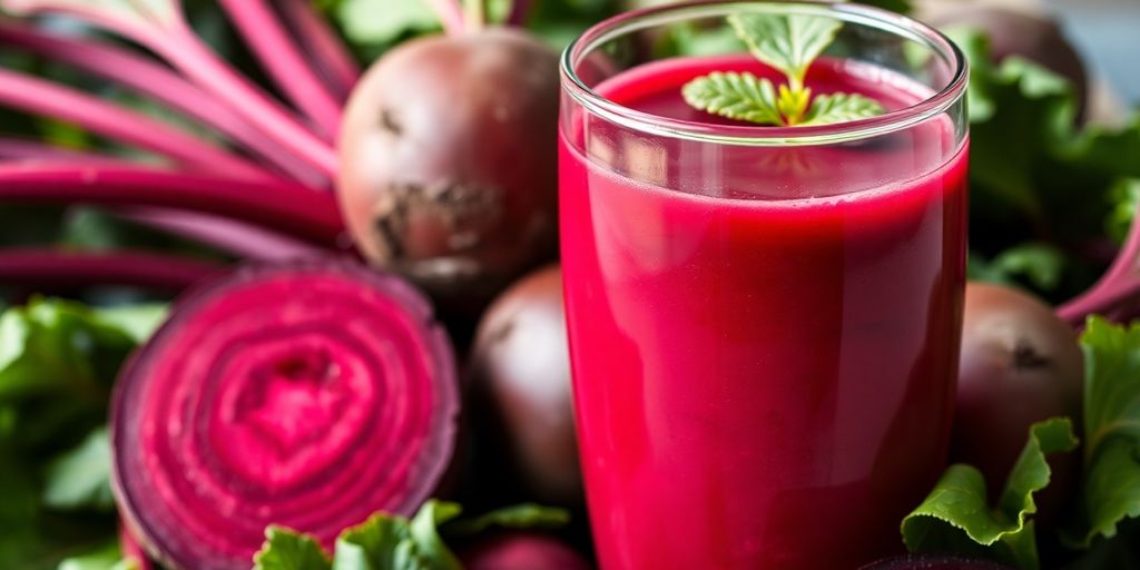 Glass of beet juice with fresh beets and greens.