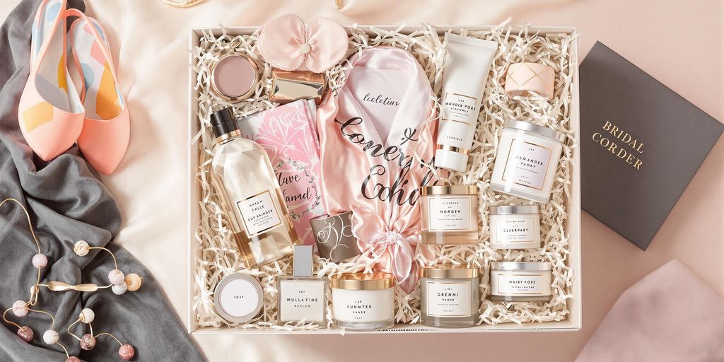 Luxury bridal gifts arranged in a beautiful gift box.