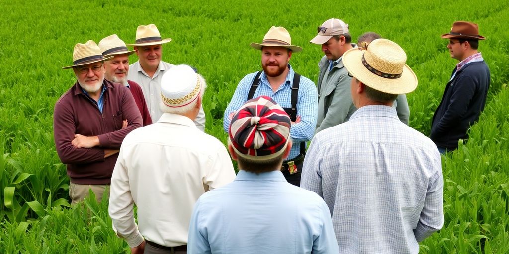 Agriculteurs belges rassemblés dans un champ.