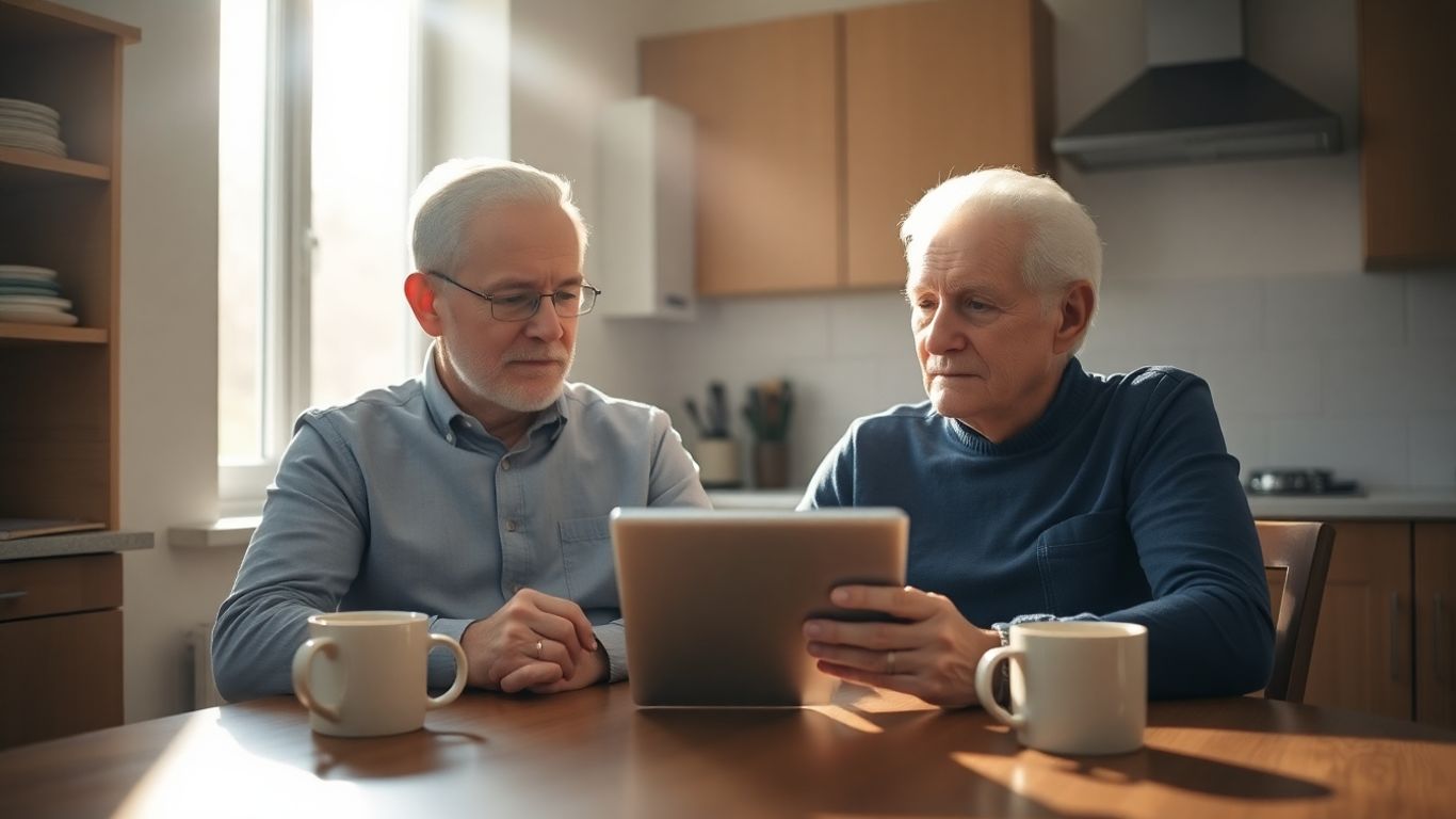 Elderly couple at table planning retirement together